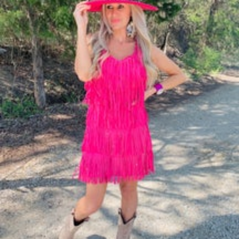 Hot pink sequin fringe chacha dress, nashville bachelorette